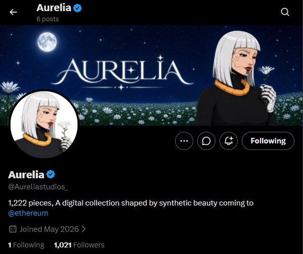 The image is a tweet post from a user named @Aurelia. The post includes an illustration of a woman with blonde hair wearing a black top. There are several lines and text descriptions in the post, such as "@Aurelia" at the beginning of the tweet, "NFT early alpha: @Aureliastudios 1,222 pieces on eth art style: Synthetic beauty, elegant cyber/synthetic beings, refined minimal futuristic art still pre-mint, paid mint TBA no website yet, no Discord yet". The post is directed towards an audience that includes followers of @Aurelia and other interested individuals.