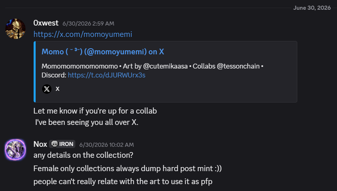 A Discord conversation from June 30, 2026, where user 'Oxwest' shares an X (Twitter) post by 'Momo (@momoyumemi)' requesting collabs with artists @cutemikaasa and @tessonchain, and user 'Nox' responds asking for collection details.