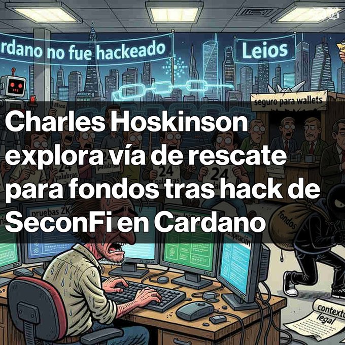 An illustrated graphic titled 'Charles Hoskinson explora vía de rescate para fondos tras hack de SeconFi en Cardano' showing a cartoon scene of a hacker at computers with text 'Cardano no fue hackeado' visible.