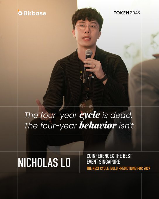 A promotional graphic for 'TOKEN 2049' featuring Nicholas Lo from Bitbase speaking into a microphone, with the quote 'The four-year cycle is dead. The four-year behavior isn't.' and event details for CoinFerence Singapore.