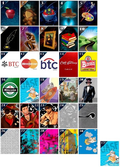 A numbered grid collage (1-30) featuring various images including an apple, avocado, Mona Lisa, books, and Bitcoin-related logos such as 'BTC', 'MineBitcoin', 'btc', 'Code is Currency', and 'Bitcoin' as well as cartoon characters.
