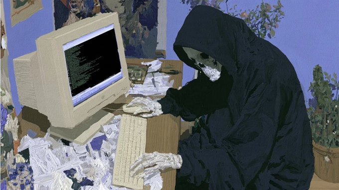 A stylized illustration of the Grim Reaper, depicted as a skeletal figure in a black hooded robe, sitting at a desk and typing code into a vintage computer terminal.