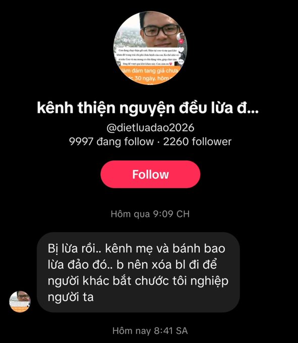 Twitter profile screenshot of @dietluadao2026 with bio 'kênh thiện nguyện đều lừa đ...' showing a Vietnamese comment accusing the channel of being a scam.
