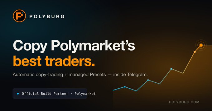The image is a promotional banner for Polyburg, a Telegram-based copy-trading platform that's an "Official Build Partner · Polymarket." It features the headline "Copy Polymarket's best traders" with the tagline "Automatic copy-trading + managed Presets — inside Telegram," alongside an upward-trending line graph graphic in teal and orange against a dark background.

The banner visually reinforces the post's message by highlighting Polyburg's value proposition—filtering traders for consistent, repeatable, copyable edge—and showcasing its automated copy-trading functionality through the rising chart, which symbolizes the profitable outcomes users can achieve by mirroring top Polymarket traders.