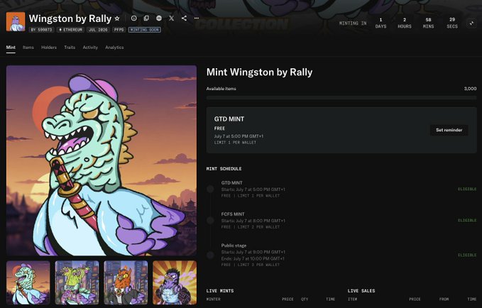 A minting page for the NFT collection 'Wingston by Rally' on Ethereum, showing a cartoon dinosaur character and mint schedule details starting July 7 at 5:00 PM GMT+1.