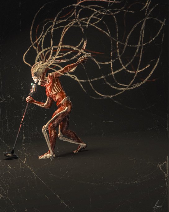 A surreal, dark-toned artistic illustration depicts an emaciated, skeletal figure with exaggerated muscles leaning forward on a microphone stand, while wild, scribbled lines stream out from its head as if releasing chaotic energy into the void.