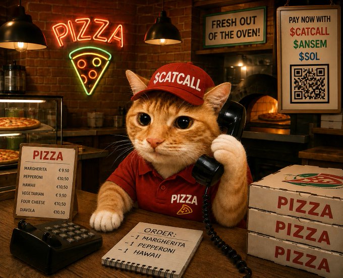 An orange tabby cat wearing a red 'PIZZA' polo and a red 'CATCALL' cap works the counter of a pizzeria, holding a phone receiver next to a pizza menu, an order pad, and stacked pizza boxes, with signs reading 'PIZZA,' 'FRESH OUT OF THE OVEN,' and 'PAY NOW WITH $CATCALL $ANSEM $SOL' alongside a QR code.
