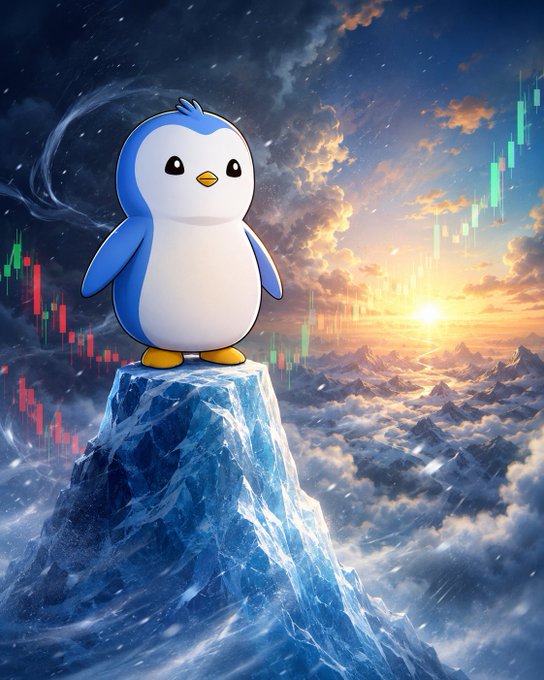 A digital illustration of a cartoon penguin standing on an icy mountain peak, surrounded by clouds at sunset with candlestick trading charts floating in the sky.