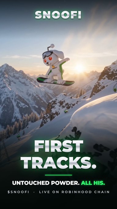 A promotional graphic for 'SNOOFI' showing a 3D character snowboarding, with text 'FIRST TRACKS. UNTOUCHED POWDER. ALL HIS. $SNOOFI · LIVE ON ROBINHOOD CHAIN'.