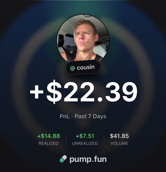 A Pump.fun mobile app PnL dashboard showing user "@cousin" with a +$22.39 gain over the past 7 days, broken down into +$14.88 realized, +$7.51 unrealized, and $41.85 volume. The image promotes Pump.fun's new zero-fee, multi-chain mobile trading app, aligning with the post's announcement about selling directly from the app.