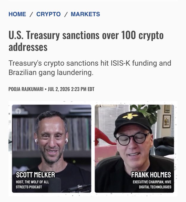 This image shows a headline from thestreet.com about "U.S. Treasury sanctions over 100 crypto addresses" to hit ISIS-K funding and Brazilian gang laundering. The accompanying post likely refers to this news regarding the administration's actions against illicit activities in the crypto space.