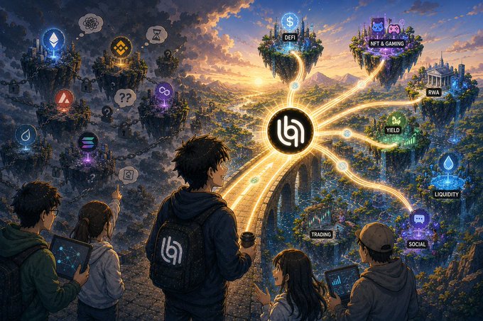 An illustrated fantasy landscape shows several people with devices looking toward a glowing bridge that connects various floating islands labeled with crypto terms like 'DEFI', 'NFT & GAMING', 'RWA', 'YIELD', 'LIQUIDITY', 'TRADING', and 'SOCIAL'.
