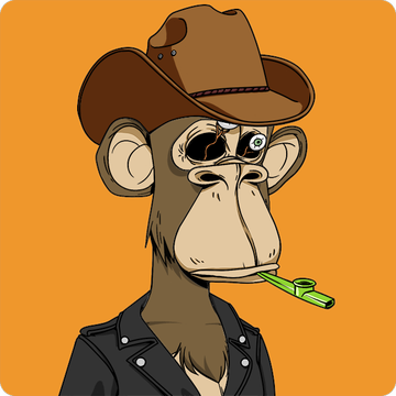 An illustrated Bored Ape-style NFT character wearing a brown cowboy hat and black leather jacket while smoking what appears to be a cigar.