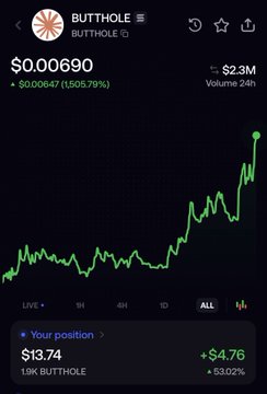 A mobile trading screenshot shows the BUTTHOLE memecoin at $0.006690, up 1505.79% with $2.3M in 24-hour volume, and a user holding a profitable $13.74 position (+53.02%). The post's comparison suggests $SHART is an amplified, more volatile play on BUTTHOLE's recent parabolic price action depicted in the green chart.