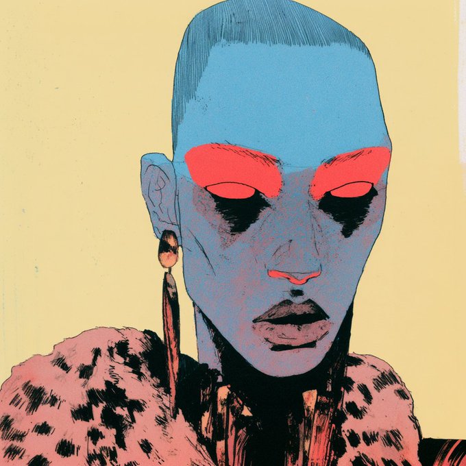 A stylized portrait of a figure with blue skin, bold red eye makeup, and a pink patterned garment against a pale yellow background.