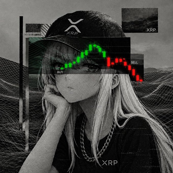 Stylized black-and-white illustration of an anime-style woman wearing an XRP cap, overlaid with a green 'BUY' and red 'SELL' trading chart, branded with 'XRP' logos.
