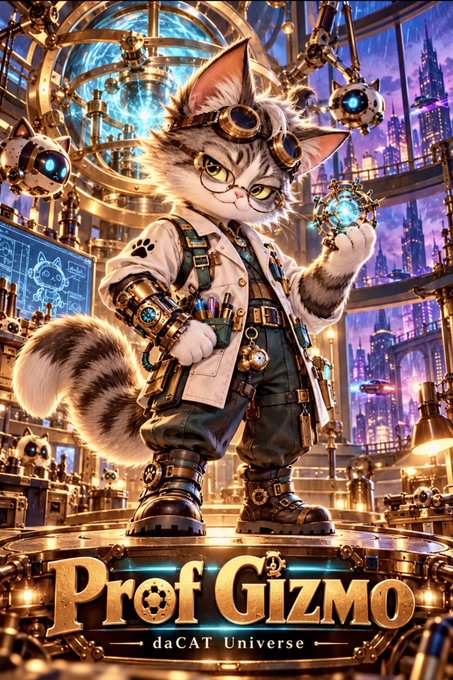 A vibrant digital illustration titled 'Prof Gizmo' from the daCAT Universe, depicting an anthropomorphic cat wearing goggles and holding a glowing gadget in a steampunk laboratory.