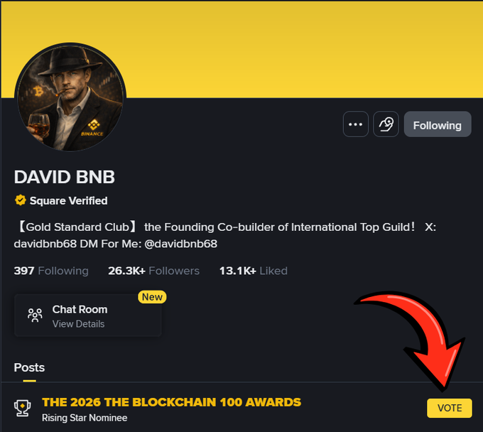 A social media profile screenshot for 'DAVID BNB' (Square Verified), with a red arrow pointing to a 'VOTE' button for 'THE 2026 THE BLOCKCHAIN 100 AWARDS'.