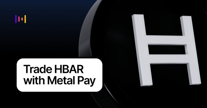 The image features a logo with the letter "H" in white and a number "2.7%" in black. The text above the logo reads, "Trade HHBAR with Metal Pay". Below the logo, there's a description of what the token is used for, which includes that it is designed to be used on the Ethereum network and can be used as a form of payment or exchange.