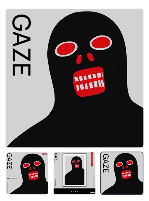 Bold cover art for "GAZE" by MOTOMICHI, featuring a stark black silhouette figure with menacing red eyes and a red mouth filled with gritted teeth, displayed on VeVe digital collectibles.