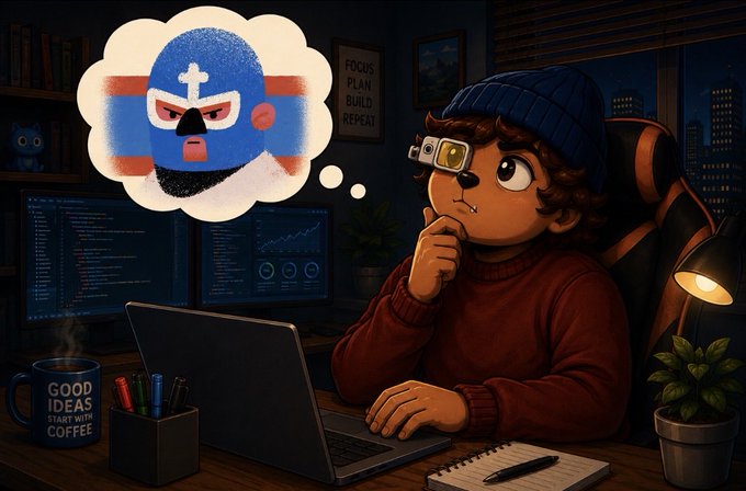 A young artist wearing a blue beanie and headlamp gazes thoughtfully at their laptop, imagining a hand-drawn blue Bufo frog character (adorned with a cross on its forehead) in a thought bubble above. The cozy workspace includes dual monitors with charts, a coffee mug reading "GOOD IDEAS START WITH COFFEE," and a wall poster stating "FOCUS PLAN BUILD REPEAT," reflecting the creative, human-made process behind the Ethereum-based THE BUFOS NFT collection illustrated by @JDOTCOLOMBO.