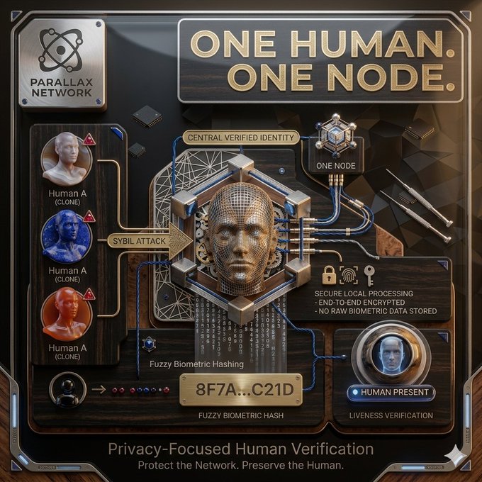 A digital infographic titled 'ONE HUMAN. ONE NODE.' for 'PARALLAX NETWORK' depicting privacy-focused human verification, biometric hashing, liveness verification, and defense against 'Sybil attacks' from cloned identities.