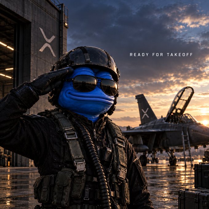 A digital artwork of a soldier with a blue fish-like face wearing sunglasses and a helmet, saluting in front of a fighter jet with text reading "READY FOR TAKEOFF."