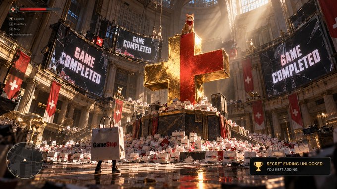 A video game screen showing a 'Game Completed' message with a GameStop shopping bag in a cathedral-like setting, indicating a secret ending was unlocked.