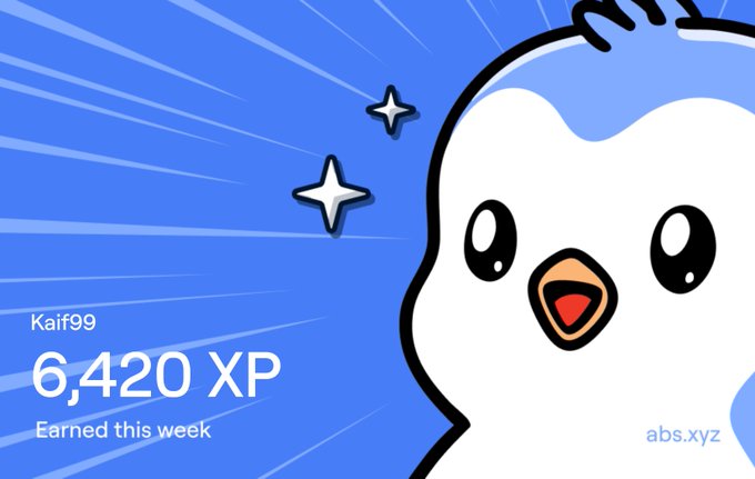 A bright blue digital graphic featuring a cartoon white bird with an open beak, displaying the text 'Kaif99', '6,420 XP Earned this week', and the URL 'abs.xyz'.