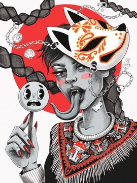 A stylized digital illustration features a character wearing a fox mask and ornate jewelry, holding a small mask with a worried expression against a red circular background.