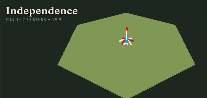 An isometric-style digital artwork titled 'Independence' showing Tile 24,7 in Etheria v0.9, featuring a small rocket on a green hexagonal platform against a dark background.
