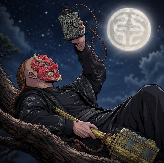 Anime-style illustration of a figure in a red oni mask reclining on a tree branch at night, holding a Buddhist prayer tablet up to a glowing full moon bearing a Japanese kanji symbol.