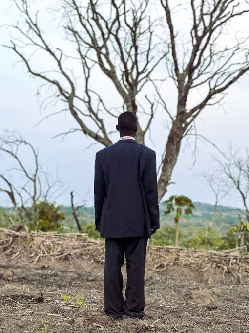 A man in a dark suit stands with his back to the camera, facing a large bare tree in a cleared landscape with distant green hills under an overcast sky.