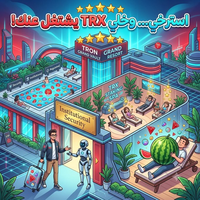 A colorful, neon-lit digital illustration depicts the "TRON Grand Vault Resort" featuring a "TRX Staking Spa" where guests relax poolside among giant watermelons, a robot greets travelers at the "Institutional Security" entrance, and Arabic text reads "!استرخي... وحلي TRX بشغلك عنك" (Relax... and unlock TRX while you work), visually celebrating Anchorage Digital's expanded institutional staking support for TRX on its platform.
