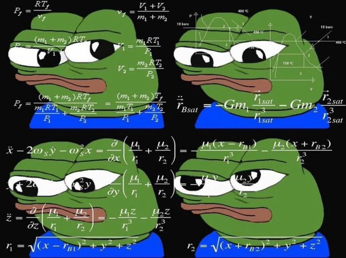 Four variations of the 'Sad Pepe' frog meme with half-lidded eyes, overlaid with complex mathematical equations and physics formulas including pressure and gravitational calculations.
