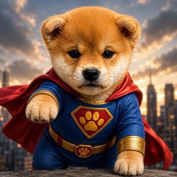 A fluffy puppy dressed as Superman with a blue suit, red cape, and a paw-print emblem stands heroically against a city skyline at sunset, symbolizing strength and vigilance. The image ties to the post's message of market discipline and optimism, while the dog mascot cleverly echoes the $DOG ticker being highlighted.