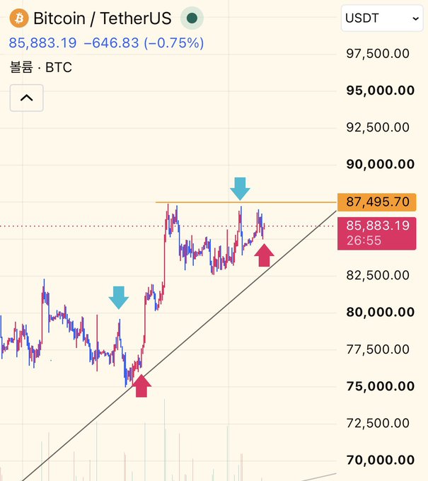 Bitcoin/TetherUS (BTC/USDT) trading chart showing a price of 85,883.19 with a -0.75% decline ($-646.83), featuring red and blue candlesticks, arrows pointing to support/resistance levels at approximately 75,000 and 87,495.70.