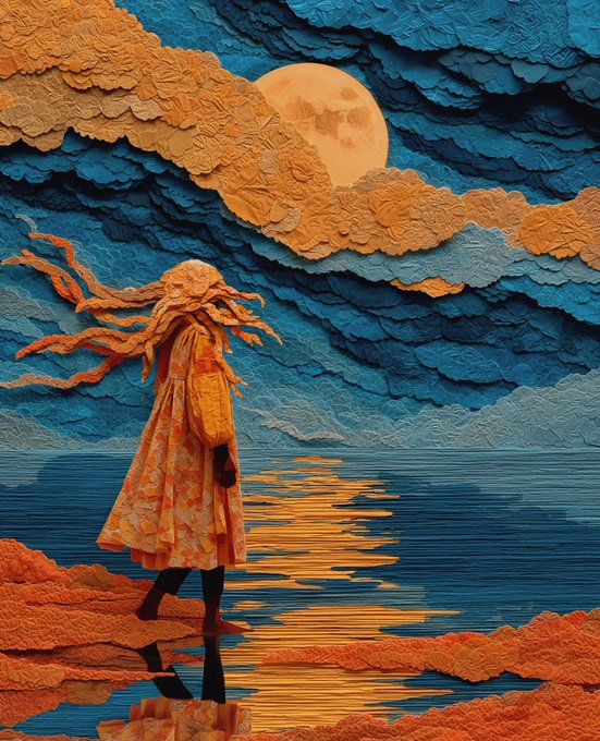 A surreal artwork depicts an orange-clothed figure standing in reflective water beneath textured blue and orange cloud-like bands and a large moon.
