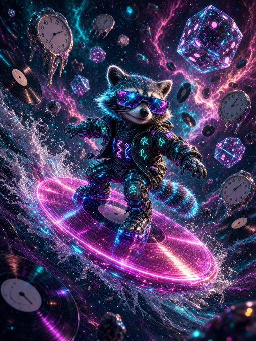 A vibrant digital artwork depicting a raccoon wearing futuristic gear and sunglasses, surfing on a neon purple and pink board amid floating clocks, vinyl records, and crystalline dice in a cosmic environment.