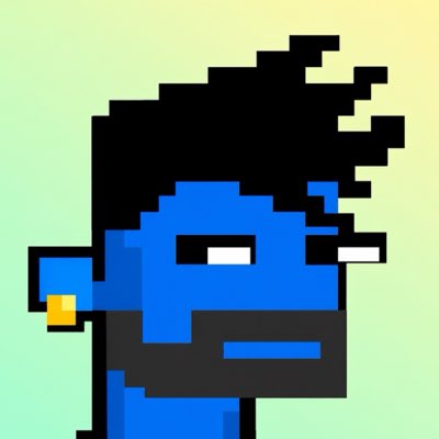 Pixel art portrait of a blue-skinned character with spiky black hair and white eyes against a gradient background.