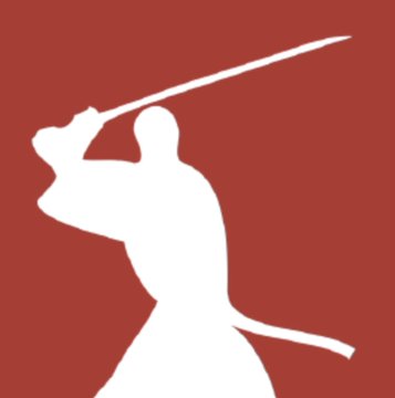 The image shows a white silhouette of a samurai swinging a sword against a red background, symbolically representing the "Samourai" (Samurai) developers referenced in the post about Bitcoin developers seeking a presidential pardon, with the warrior imagery evoking themes of justice and decisive action.