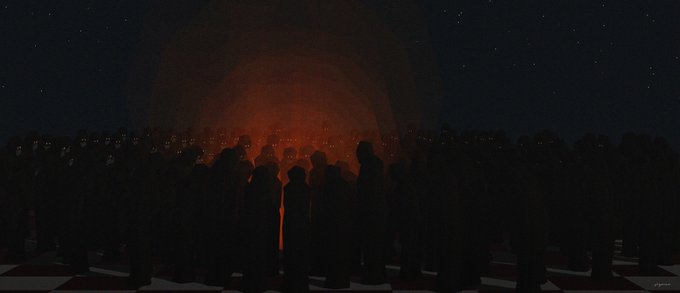 A dark, atmospheric scene showing silhouettes of many figures standing on a checkered floor facing a glowing red light, under a starry night sky.