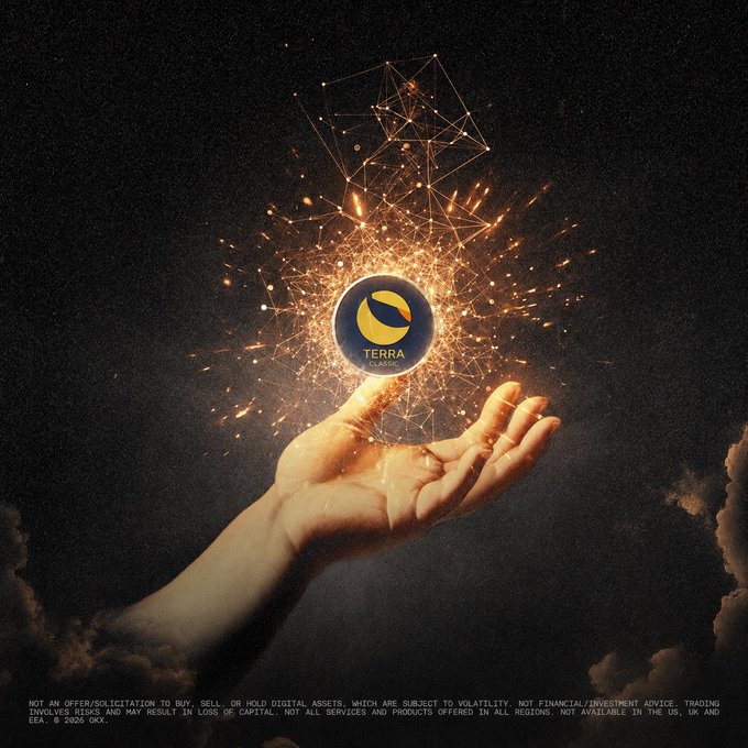 The image shows a hand holding a glowing "TERRA CLASSIC" coin with the token's distinctive logo, surrounded by sparkling geometric light patterns against a dark, cloudy background—visually celebrating the ongoing holding of LUNC (Terra Classic) tokens, as suggested by the accompanying congratulatory message.
