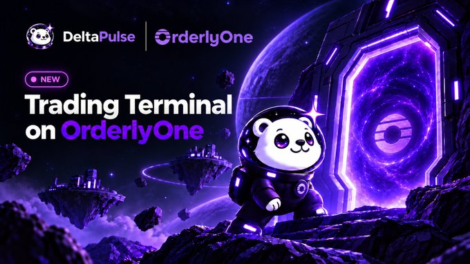 A digital promotional graphic for 'DeltaPulse' and 'OrderlyOne' announcing a 'NEW Trading Terminal on OrderlyOne,' featuring a panda mascot in a spacesuit near a glowing purple portal.