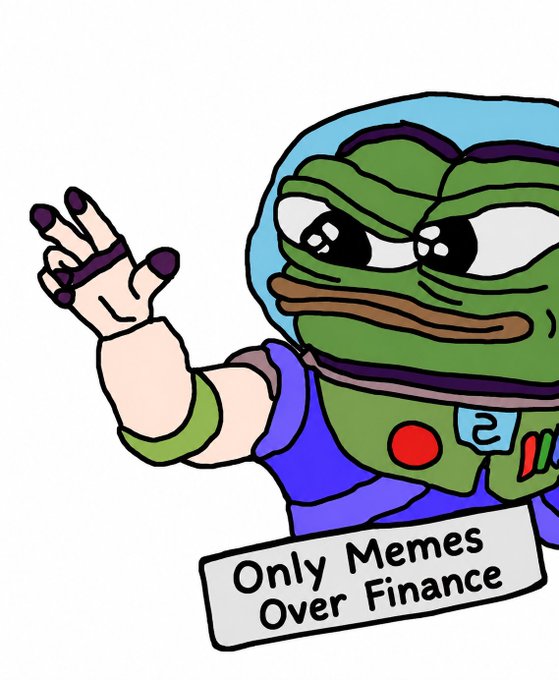 Cartoon Pepe the Frog character wearing blue clothing with a raised hand gesture, accompanied by text 'Only Memes Over Finance.'