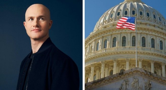 The image shows Brian Armstrong, CEO of Coinbase, on the left alongside a photo of the U.S. Capitol building on the right, visually pairing the crypto industry leader with the legislative body where the CLARITY Act will face its next critical vote. This composition reinforces the post's message about the bill's progression from the House to the Senate as a potential catalyst for the U.S. crypto market.