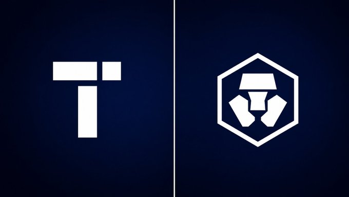A split image shows the white "T" logo of Cronos on the left against a dark blue background, paired with the hexagonal logo of Tectonic on the right, visually linking the two platforms involved in the blockchain halt and exploit that affected Tectonic, Cronos's largest lending protocol.
