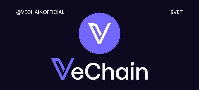 The image displays the VeChain logo featuring a purple circle with a white "V" symbol, accompanied by the text "@VECHAINOFFICIAL" and "$VET" at the top, and the brand name "VeChain" prominently displayed below. The image serves as a visual identifier for the cryptocurrency project, reinforcing the post's bullish sentiment about $VET's potential parabolic price movement.