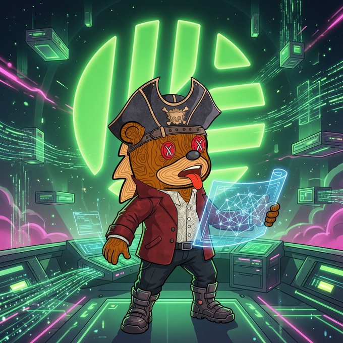 Digital art of a bear pirate character wearing a red coat and X-eyed sunglasses, holding a holographic map, set against a neon green tech background.