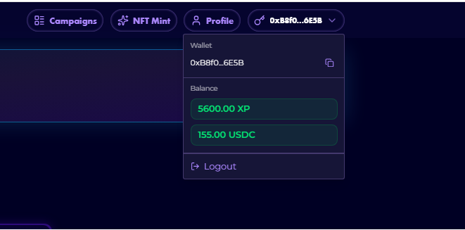 A user profile dropdown menu on a dark-themed website showing a connected wallet (0xB8f0...6E5B) with a balance of 5600.00 XP and 155.00 USDC.